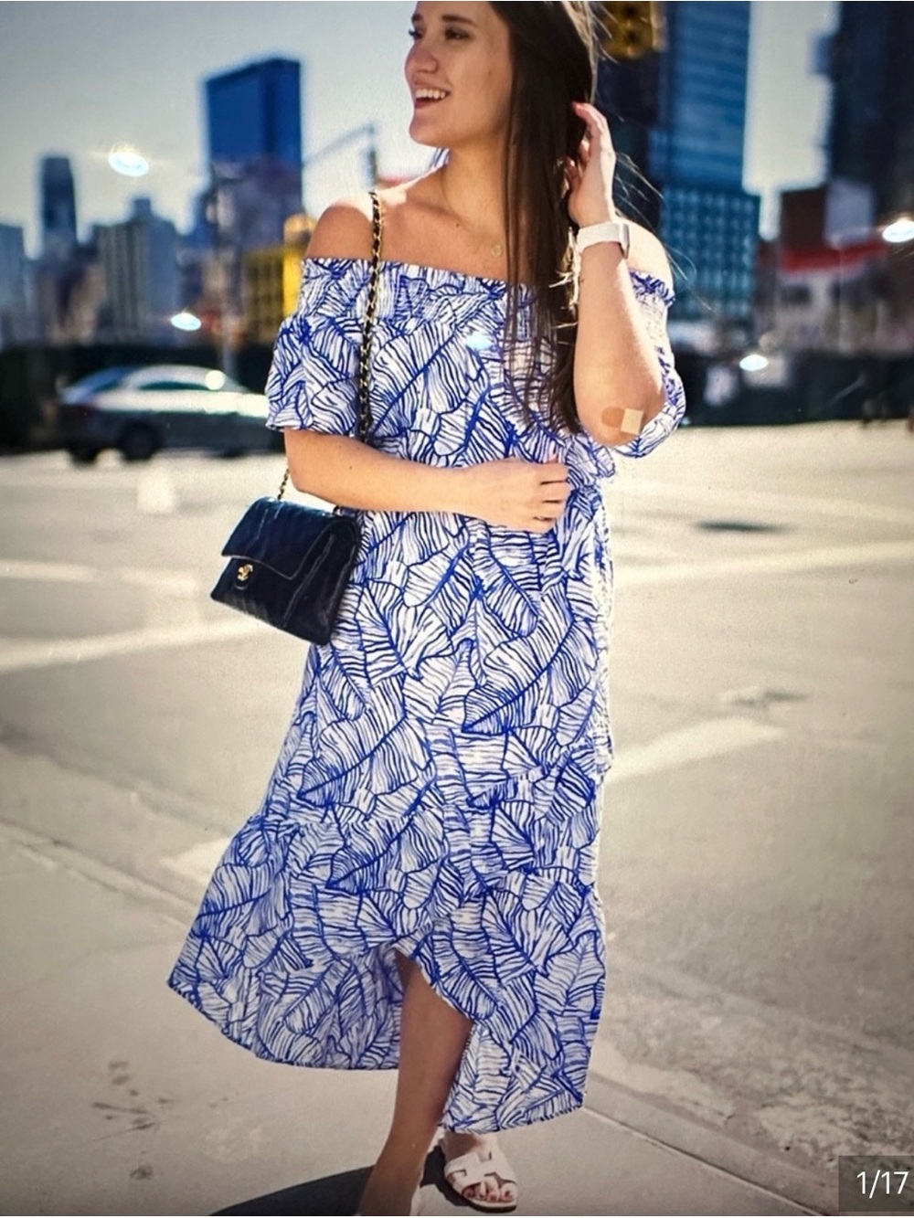 Off-Shoulder Blue Leaf Print Maxi Dress size 10 - Picture 8 of 11